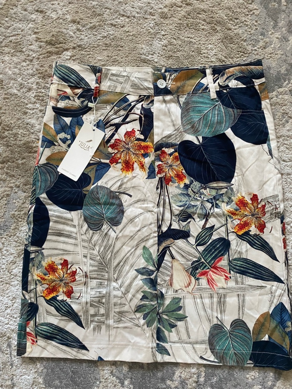 NWT Julia Lightweight Cotton Tropical Midi Skirt Palm Trees Flowers Leaves L